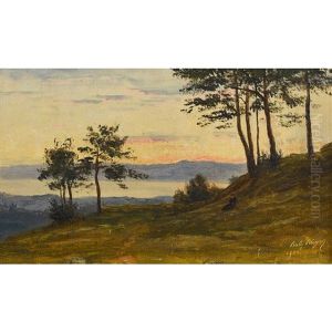 Seeufer Im Abendrot Mit Sitzender Dame by Balz Staeger