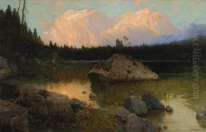 Bergsee Mit Gebirgskette Im Abendrot by Albert Stagura