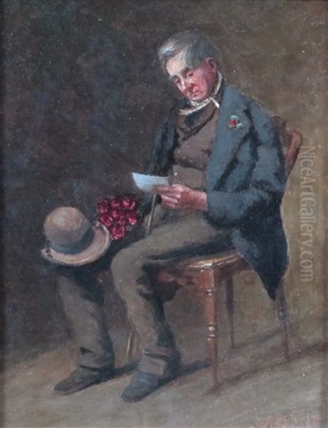 Sitzender Mann Mit Blumenstraus Liest Eine Botschaft - view 1