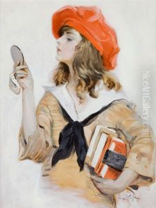 Girl In Red Beret Looking Into Compact Mirror, Saturday Evening Post Cover, September 10, 1921