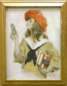 Portrait Of A School Girl With Red Beret And Compact