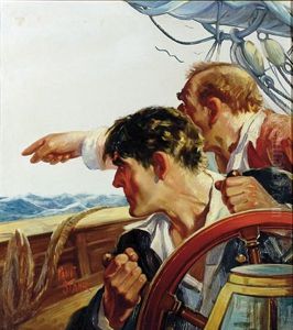 Two Seamen On Sailing Ship, One Pointing To Horizon (magazine Cover Illus. For The Argosy)