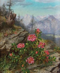 Alpenrosen Mit Berglandschaft by Anna Stainer-Knittel