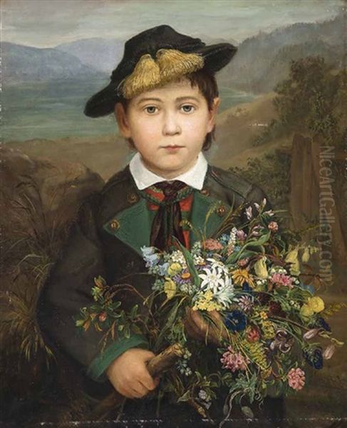 Bub In Tracht Mit Einem Sommerblumenstraus In Der Hand - view 1