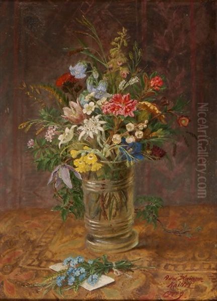 Alpenblumen In Einer Glasvase Und Billet Mit Vergissmeinnichtstrausschen - view 1