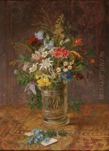 Alpenblumen In Einer Glasvase Und Billet Mit Vergissmeinnichtstrausschen by Anna Stainer-Knittel