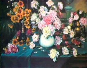 Peonies, Roses And Other Flowers In Vases On A Table Draped With A Blue Cloth. by Anna Stainer-Knittel