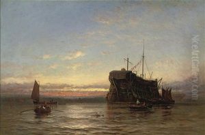 Prison Hulks Lying In A Harbor At Sunset