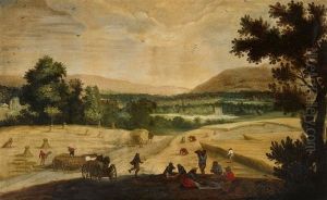 Corn Harvest With Farmhands At Rest by Adriaen Van Stalbemt
