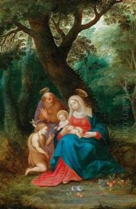 The Holy Family With The Infant Saint John In A Wooded Landscape by Adriaen Van Stalbemt