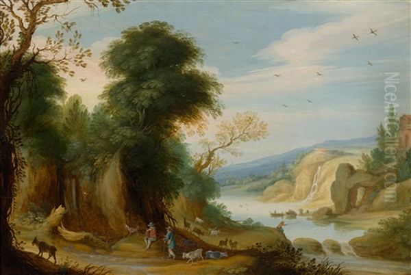 Landscape With River, With Herders, Goats And An Angler - view 1
