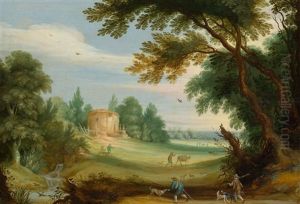 Idyllic Landscape With Hunters And Peasants And A Building In The Background by Adriaen Van Stalbemt