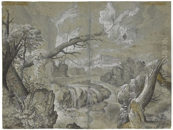 A Wooded Mountain Landscape With A Waterfall - view 1