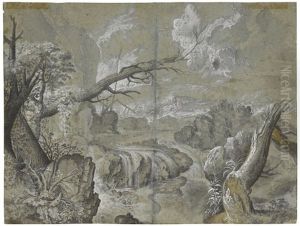 A Wooded Mountain Landscape With A Waterfall by Adriaen Van Stalbemt