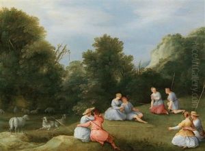 An Arcadian Landscape With Shepherds And Their Flock by Adriaen Van Stalbemt