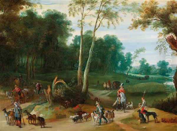 A Wooded Landscape With Huntsmen And Their Pack Of Hounds On A Path - view 1
