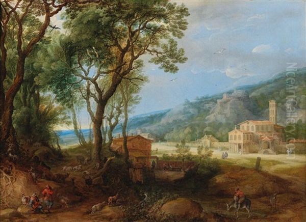 A Landscape With Shepherds And Their Flock And An Abbey In The Background - view 1
