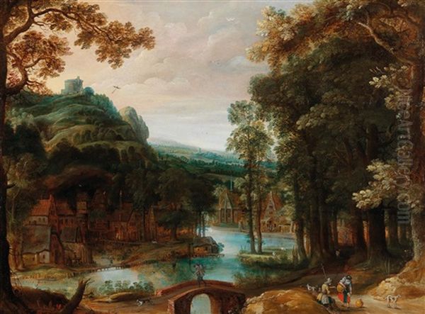 A Wooded River Landscape With A Village And Travellers - view 1