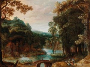 A Wooded River Landscape With A Village And Travellers thumbnail