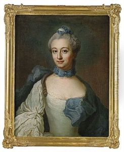Portratt Forestallande Grevinnan Fredrika Ulrika Stael Von Holstein, Fodd Sperling Ikladd Gra Brokadklanning Med Bla Drapering Och Rosett
