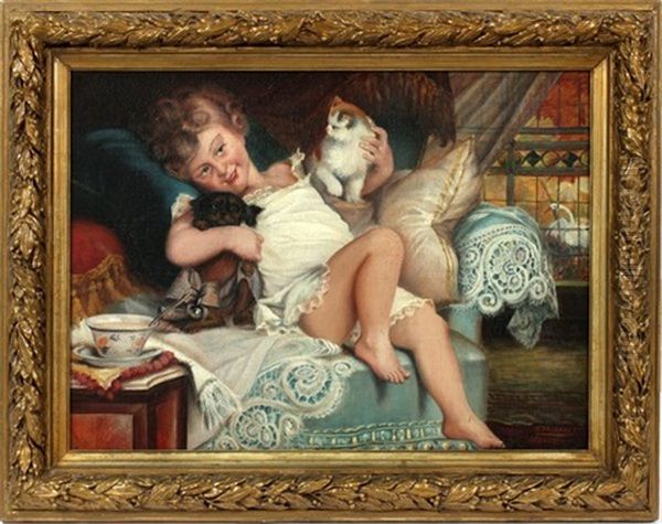Young Child In Night Gown Holding A Black Puppy & Cat - view 1