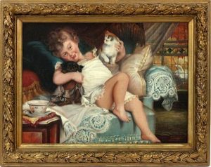 Young Child In Night Gown Holding A Black Puppy & Cat Young Child In Night Gown Holding A Black Puppy & Cat