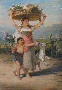 Girl Carrying A Basket Of Flowers With A Young Boy And Kid Goat By Her Side Girl Carrying A Basket Of Flowers With A Young Boy And Kid Goat By Her Side