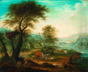 Weidende Kuhe Mit Hirten, Im Hintergrund Eine Stadt Mit Schloss (an Der Elbe?)