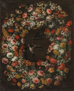 Garland Of Flowers With Two Birds by Giovanni Stanchi