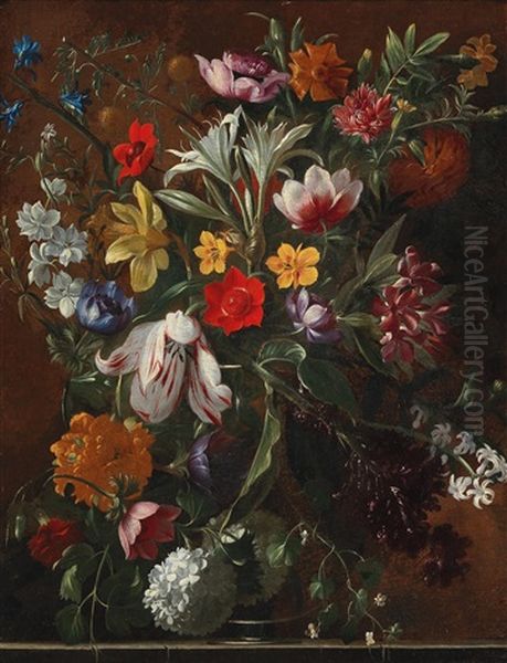 Mixed Flowers In A Vase On A Ledge - view 1