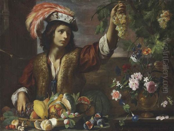 A Boy Holding A Bunch Of Grapes, With A Melon, Squash, Figs And Other Fruit And A Vase Of Tulips, Morning Glory And Other Flowers In A Walled Garden (with Workshop) - view 1