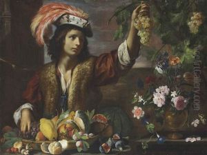 A Boy Holding A Bunch Of Grapes, With A Melon, Squash, Figs And Other Fruit And A Vase Of Tulips, Morning Glory And Other Flowers In A Walled Garden (with Workshop)