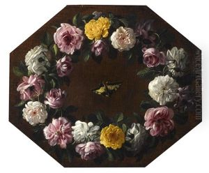 A Garland Of Pink, Yellow And White Roses Surrounding A Greenfinch; A Garland Of Pink, Yellow And White Roses Surrounding A Greenfinch; A Garland Of Pink, Yellow And White Roses Surrounding A Goldfinch; And A Garland Of Pink, Yellow And White Roses Surrou by Giovanni Stanchi