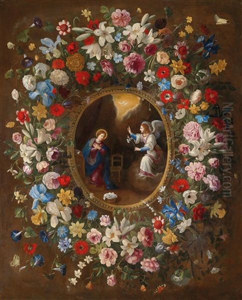 A Garland Of Flowers Surrounding A Medallion Depicting The Annunciation - view 1