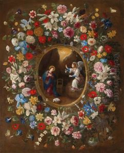 A Garland Of Flowers Surrounding A Medallion Depicting The Annunciation
