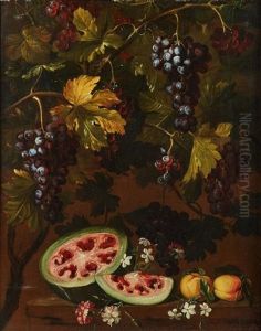 Natura Morta Con Anguria Aperta, Due Pesche, Garofani, Gelsomini, Su Un Piatto E Tralcio Di Uva Nera Sullo Sfondo