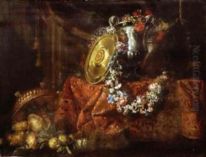 Nature Morte Aux Pieces D'orfevrerie Disposees Sur Un Tapis, Guirlande De Fleurs Et Cedrats