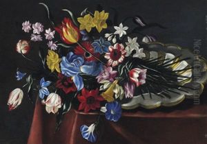 Blumenstillleben Auf Silberne Tasse (+ Another, Similar; Pair)