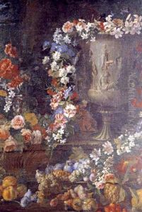 Guirlande De Fleurs Entourant Un Vase Decore D'une Diane Chasseresse Avec Des Fruits Au Printemps Plan