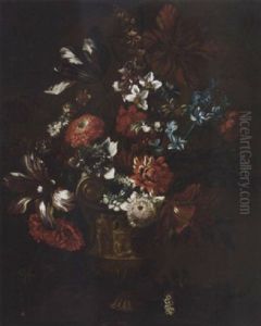 Parrot Tulips, Chrysanthemums, Morning Glory, Narcissi And Other Flowers In An Urn On A Ledge