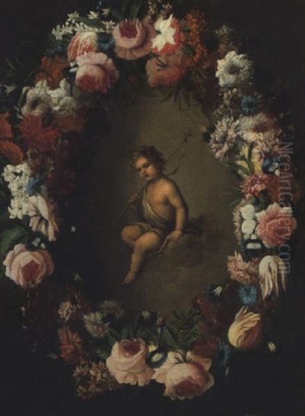 The Infant Saint John The Baptist In A Feigned Cartouche Of Roses, Carnations, Tulips And Other Flowers - view 1