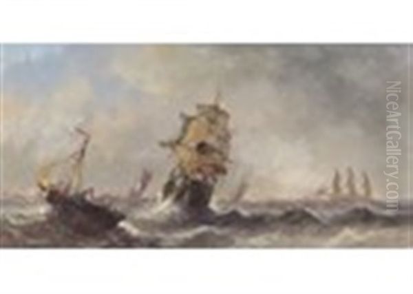 Harbour Scene At Sunset; Sailing Ships In A Rough Sea (a Pair) - view 1