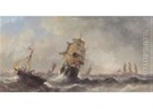 Harbour Scene At Sunset; Sailing Ships In A Rough Sea (a Pair) by William Clarkson Stanfield