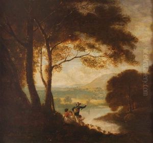 A Wooded Lake Scene With Angler And His Family In The Foreground by William Clarkson Stanfield