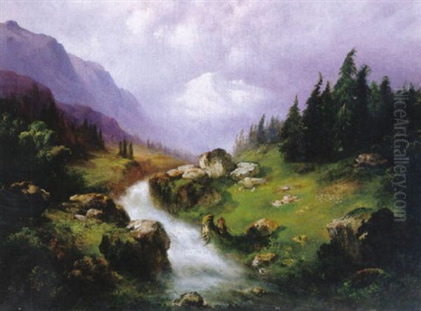 Wildbach In Den Alpen Mit Aufragendem, Schneebedecktem Massiv - view 1