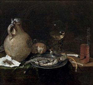 An Earthenware Jug, A Bun, A Roemer, Sliced Herring On A Pewter Plate by Cornelis Stangerus