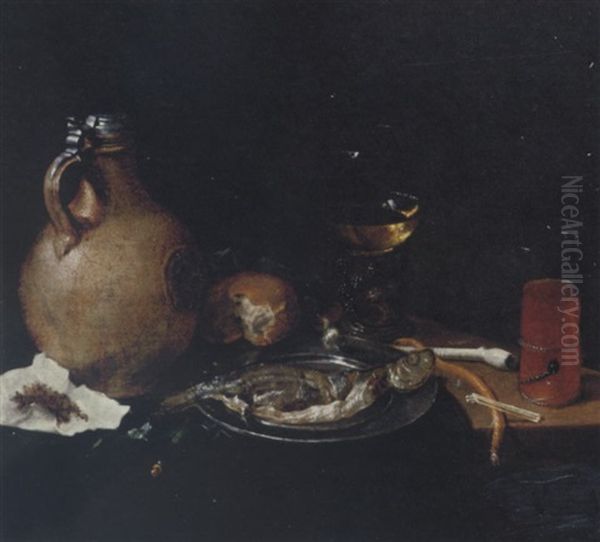 An Earthenware Tankard, Tobacco In A Piece Of Paper, A Bun, A White Clay Pipe, A Roemer, Sliced Herring On A Pewter Plate And A Kometenglas On A Partly-draped Table - view 1
