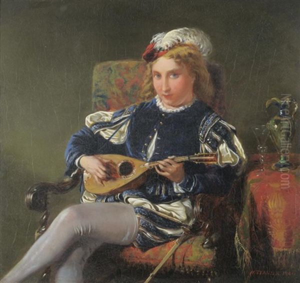Young Man Seated On A Chair Playing A Lute - view 1