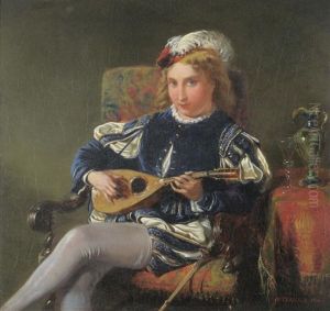 Young Man Seated On A Chair Playing A Lute by Henry Stanier