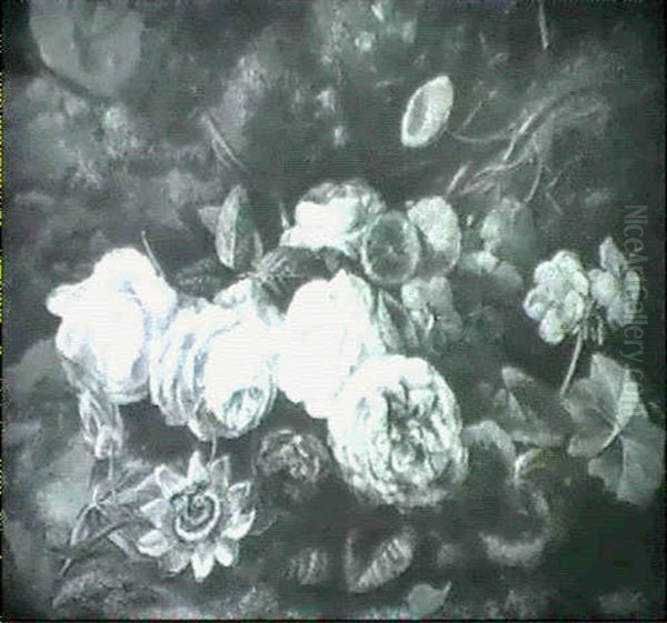 Still Life Of Geranium, Nasturtium, Roses, Campanula And A Passion Flower - view 1
